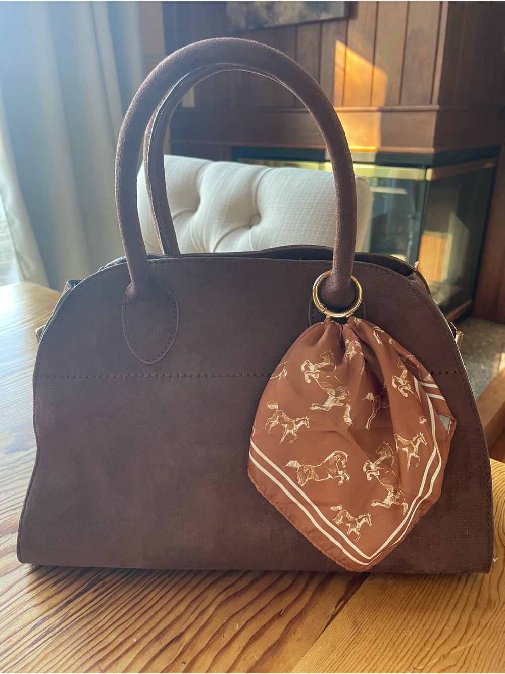 Brown Suede Handbag with Printed Scarf